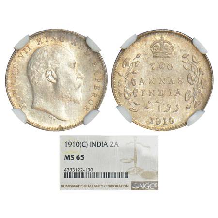 Edward VII, silver 2 annas, 1910, Calcutta mint, no mm, PR 563; GK 987. Graded as MS 65 by