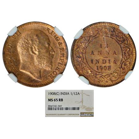 Edward VII, bronze 1/12 anna, 1908, Calcutta mint, no mm, PR 824; GK 1018. Graded as MS 65