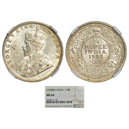 George V, silver ¼ rupee, 1928, Bombay mint, PR 459; GK 1095. Graded as MS 64 by NGC, Rare