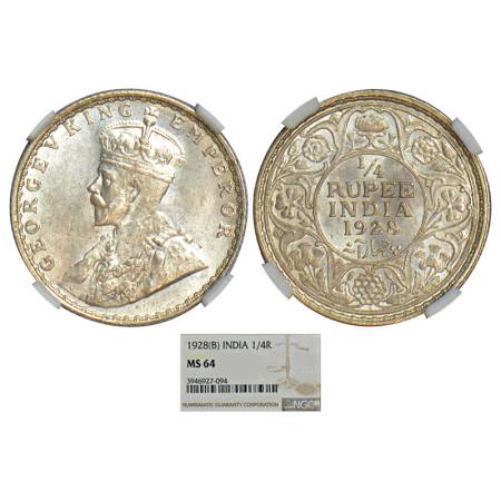 George V, silver ¼ rupee, 1928, Bombay mint, PR 459; GK 1095. Graded as MS 64 by NGC, Rare
