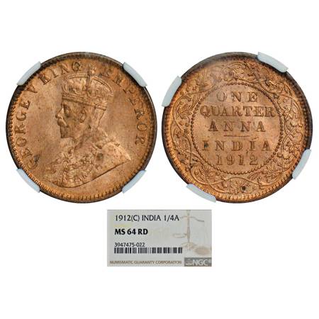 George V, copper ¼ anna, 1912, Calcutta mint, PR 658; GK 1172. Graded as MS 64 RD by NGC, 