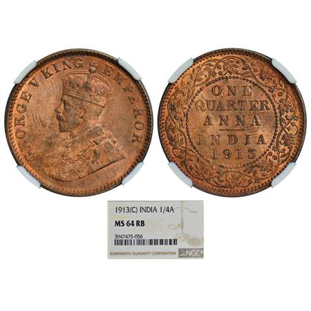 George V, copper ¼ anna, 1913. Calcutta mint, PR 659; GK 1173. Graded as MS 64 RB by NGC, 