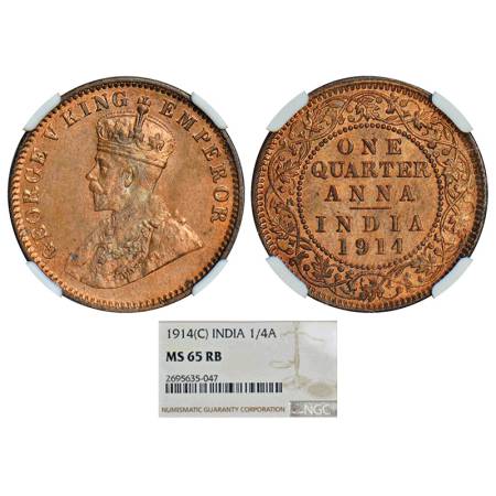 George V, copper ¼ anna, 1914, Calcutta mint, PR 660; GK 1174. Graded as MS 65 RB by NGC, 