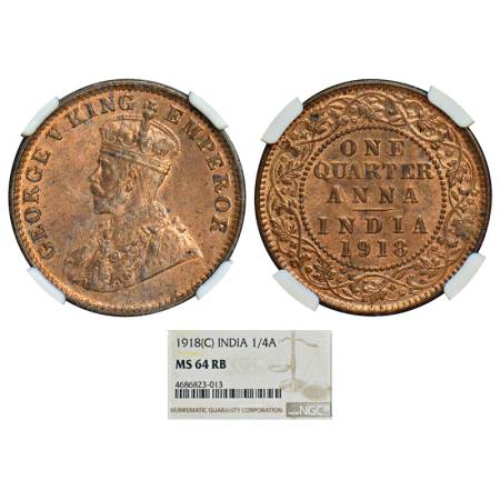 George V, copper ¼ anna, 1918, Calcutta mint, PR 663; GK 1177. Graded as MS 64 RB by NGC, 