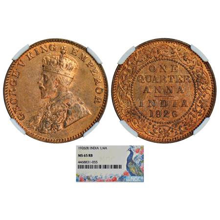 George V, copper ¼ anna, 1926, Bombay mint, PR 679; GK 1183. Graded as MS 65 RB by NGC, Ra