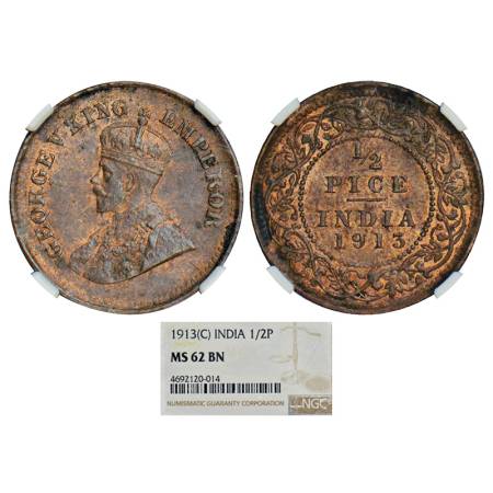 George V, copper ½ pice, 1913, Calcutta mint, PR 746; GK 1199. Graded as MS 62 BN by NGC, 