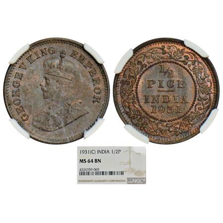George V, copper ½ pice, 1931, Calcutta mint, PR 764; GK 1217. Graded as MS 64 BN by NGC, 