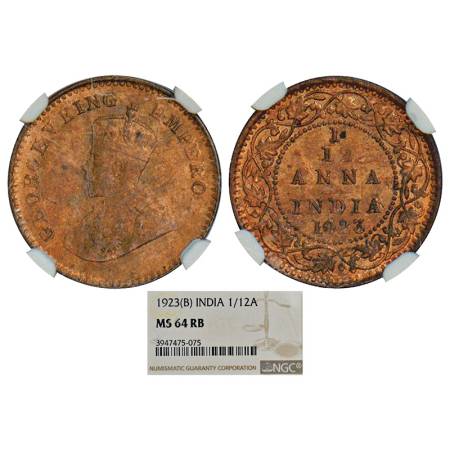 George V, copper 1/12 anna, 1923, Bombay mint, PR 851; GK 1233. Graded as MS 64 RB by NGC,