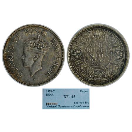 George VI, silver rupee, 1938, Bombay mint, without dot, PR 233; GK 1254. Graded as XF 45 