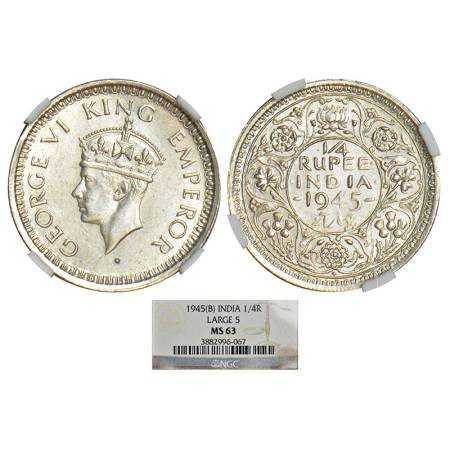 George VI, half silver ¼ rupee, 1945, Bombay mint, dot, large 5, PR 470; GK 1343. Graded a