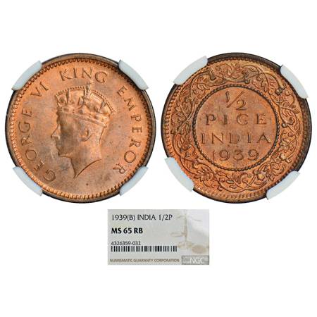George VI, copper ½ pice, 1939, Bombay mint, head type I, PR 771; GK 1450. Graded as MS 65
