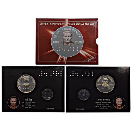 2009, 200th Birth Anniversary of Louis Braille, UNC set of 2 coins, 100 rupees and 2 rupee