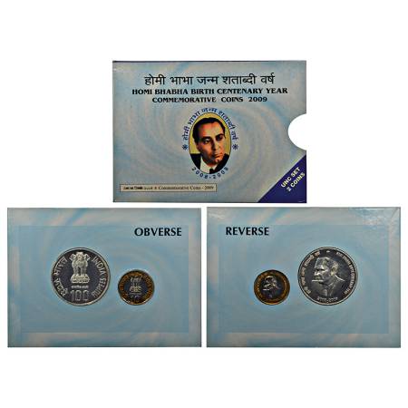 2009, Homi Bhabha Birth Centenary, UNC set of 2 coins, 100 rupees and 10 rupees, Mumbai mi