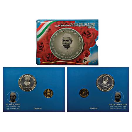 2009, Rajendra Prasad Birth Anniversary, UNC set of 2 coins, 100 rupees and 5 rupees, Kolk
