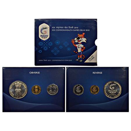 2010, XIX Commonwealth Games Delhi, UNC set of 3 coins, 100 rupees, 5 rupees and 2 rupees,