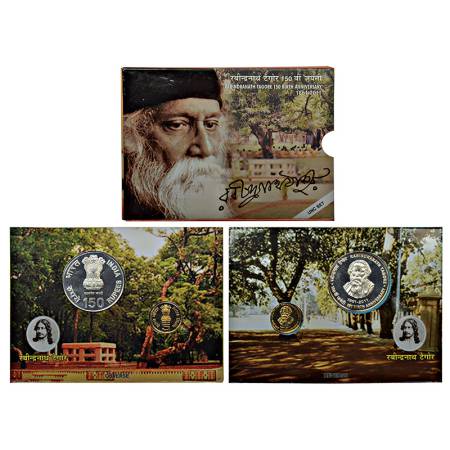 2011, 150th Birth Anniversary of Rabindranath Tagore, UNC set of 2 coins, 150 rupees and 5