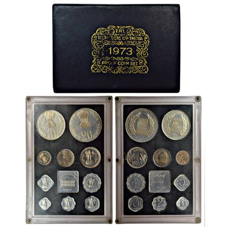 1973, Grow More Food, Proof set of 10 coins, 20 rupees, 10 rupees, 1 rupee, 50 paise, 25 p