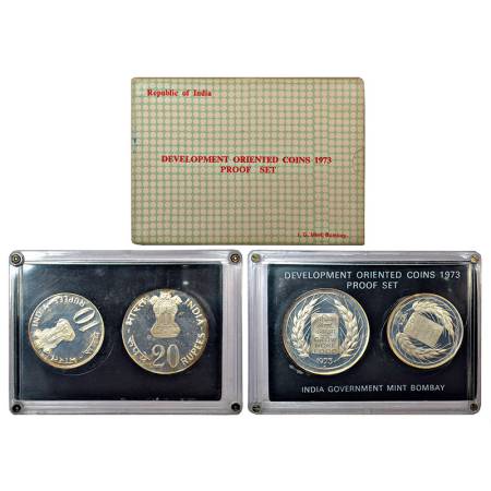 1973, Grow More Food, Proof set of 2 coins, 20 rupees and 10 rupees, Bombay mint, RB 37, i