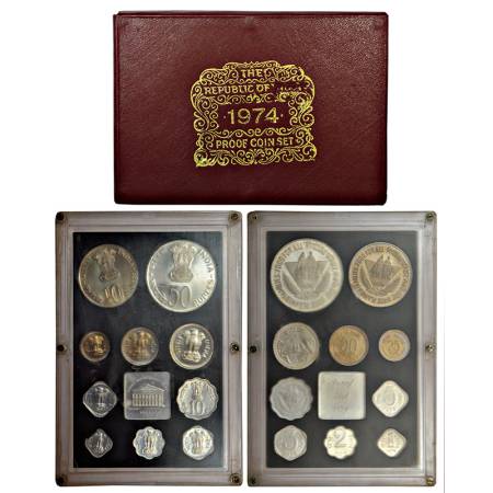 1974, Planned Families, Food For All, Proof set of 10 coins, 50 rupees, 10 rupees, 1 rupee