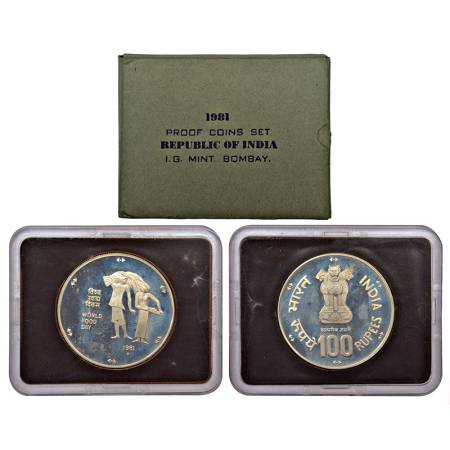 1981, World Food Day, single proof coin, 100 rupees, Bombay mint, RB 85, in original mint 