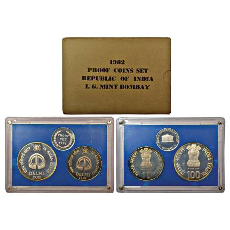 1982, IX Asian Games, Proof set of 2 coins, 100 rupees and 10 rupees, Bombay mint, RB 92, 