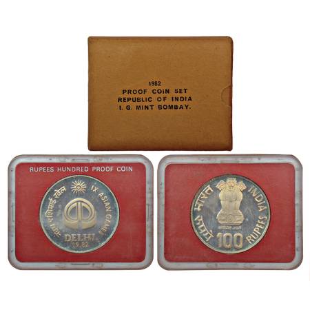 1982, IX Asian Games, single proof coin, 100 rupees, Bombay mint, RB 93, in original mint 