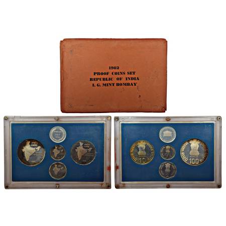 1982, National Integration, Proof set of 4 coins, 100 rupees, 10 rupees, 2 rupees and 50 p