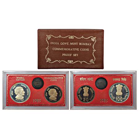 1985, Indira Gandhi, Proof set of 2 coins, 100 rupees and 20 rupees, Bombay mint, RB 111, 
