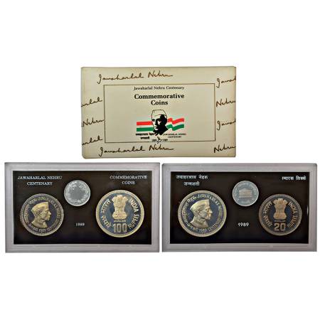 1989, Jawaharlal Nehru Birth Centenary, Proof set of 2 Coins, 100 Rupees and 20 Rupees, Bo