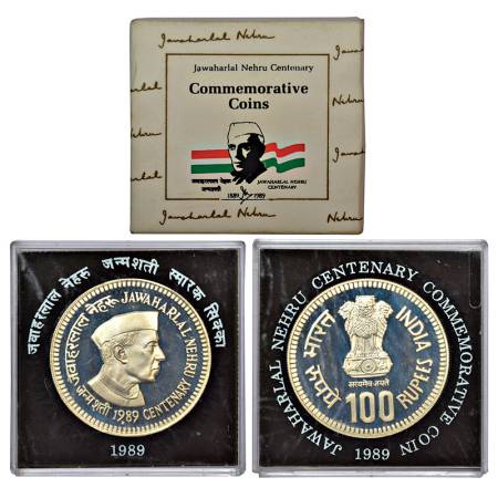 1989, Jawaharlal Nehru Birth Centenary, Proof single coin, 100 Rupees, Bombay mint, RB 137