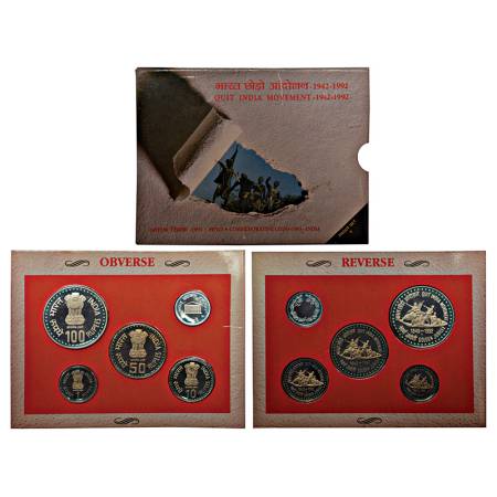 1992, Quit India Movement, Proof set of 4 coins, 100 rupees, 50 rupees, 10 rupees and 1 ru