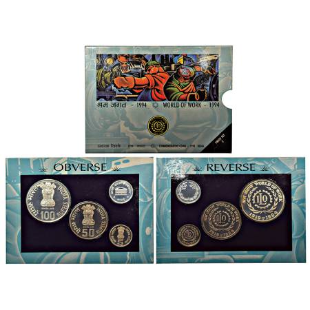 1994, World of Work, Proof set of 3 coins, 100 rupees, 50 rupees and 5 rupees, Bombay mint