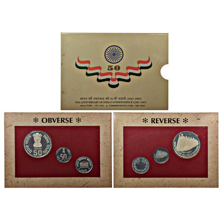 1997, 50th Year of Independence, Proof set of 2 coins, 50 rupees and 50 paise, Mumbai mint