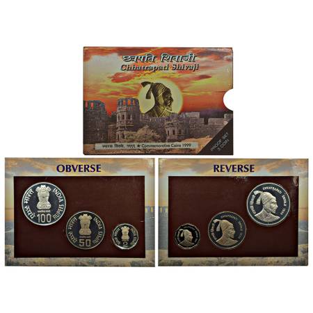 1999, Chhatrapati Shivaji, Proof set of 3 coins, 100 rupees, 50 rupees and 2 rupees, Mumba