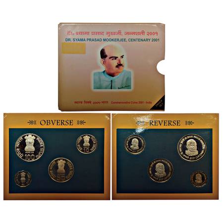 2001, Dr. Shyama Prasad Mookerjee Centenary, Proof set of 4 coins, 100 rupees, 50 rupees, 