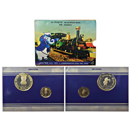 2003, 150 Glorious Years of Railways, Proof set of 2 coins, 100 rupees and 2 rupees, Kolka