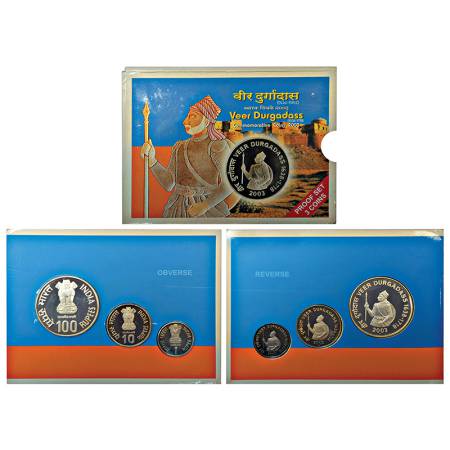 2003, Veer Durgadas, Proof set of 3 coins, 100 rupees, 10 rupees and 1 rupee, Mumbai mint,