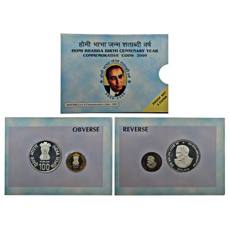 2009, Homi Bhabha Birth Centenary, Proof set of 2 coins, 100 rupees and 10 rupees, Mumbai 