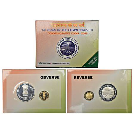 2009, 60 Years of the Commonwealth, Proof set of 2 coins, 100 rupees and 5 rupees, Mumbai 