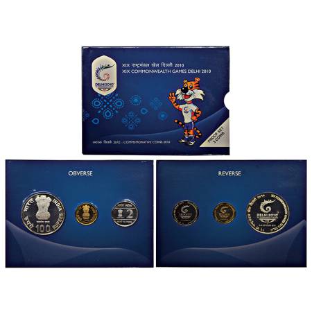 2010, XIX Commonwealth Games Delhi, Proof set of 3 coins, 100 rupees, 5 rupees and 2 rupee