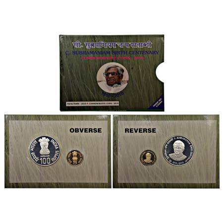 2010, C. Subramaniam Birth Centenary, Proof set of 2 coins, 100 rupees and 5 rupees, Mumba