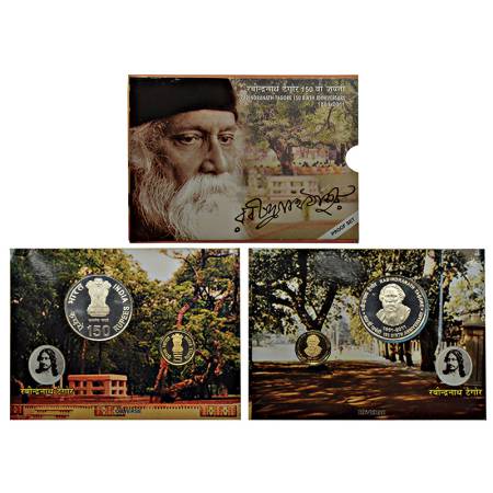 2011, 150th Birth Anniversary of Rabindranath Tagore, Proof set of 2 coins, 150 rupees and