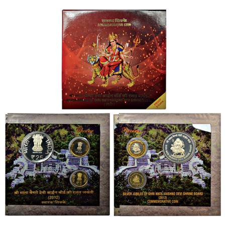 2012, Silver Jubilee of Shri Mata Vaishno Devi Shrine Board, Proof set of 3 coins, 25 rupe