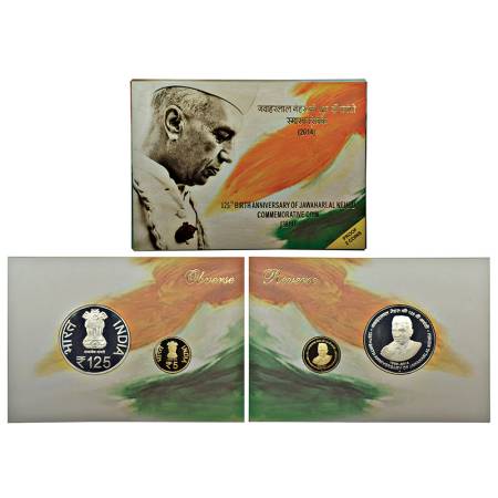 2014, 125th Birth Anniversary of Jawaharlal Nehru, Proof set of 2 coins, 125 rupees and 5 