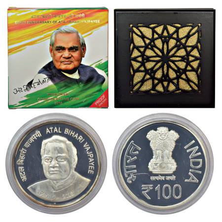 2018, Birth Anniversary of Atal Bihari Vajpayee, Proof single coin, 100 rupees, Mumbai min