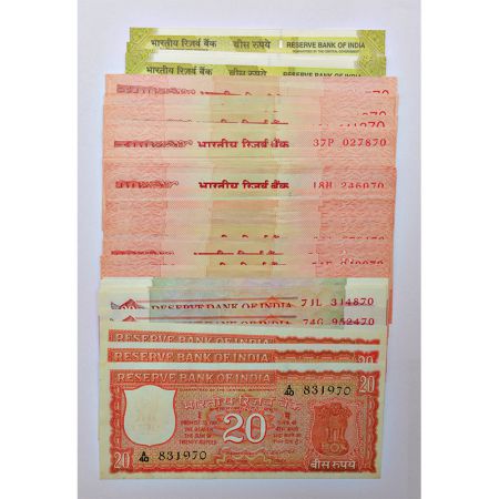20 Rupees, complete set of 75 notes, (1972 to 2021), with different types, date and signat