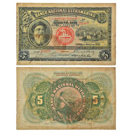 Mozambique, 5000 reis, lisboa, dated 1st march 1909, serial no.: 272607. Very fine, Very s