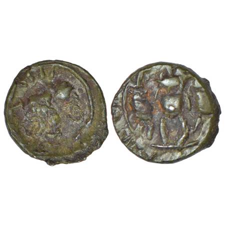 Vishnukundins - uninscribed 'lion/Abhisheka Lakshmi' type coin of alloyed copper, middle/ 
