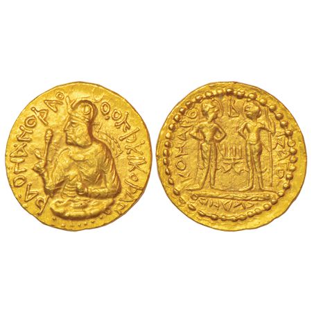 Kushan, gold ¼ dinar of Huvishka (c.160-190 AD), MK 166, 1.97g. Obv: Diademed and crowned 