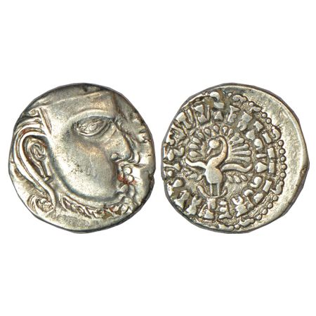 Gupta Empire, silver drachm of Skanda Gupta (c.450-475 AD), 'fan-tailed peacock' or 'Madhy